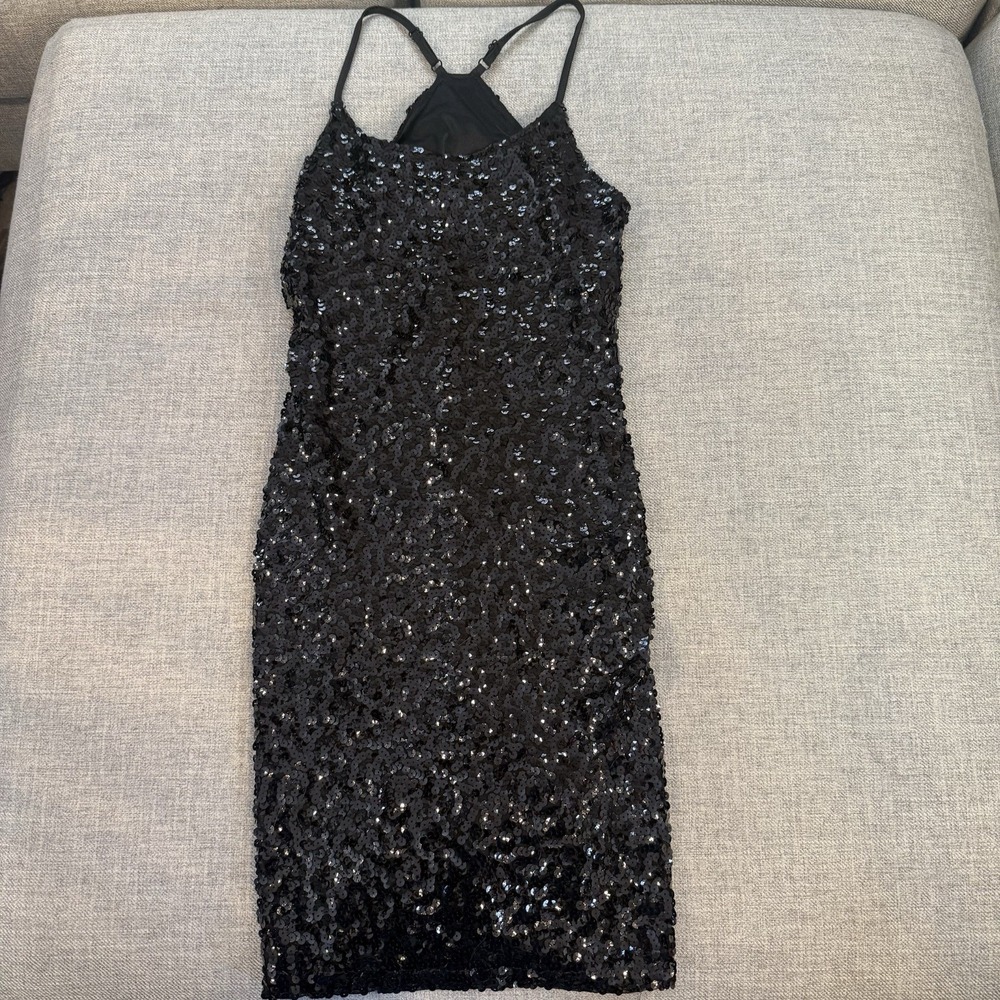 Black Sequin Cocktail Dress‎ Women's Medium Bodycon Spaghetti Strap Party Club